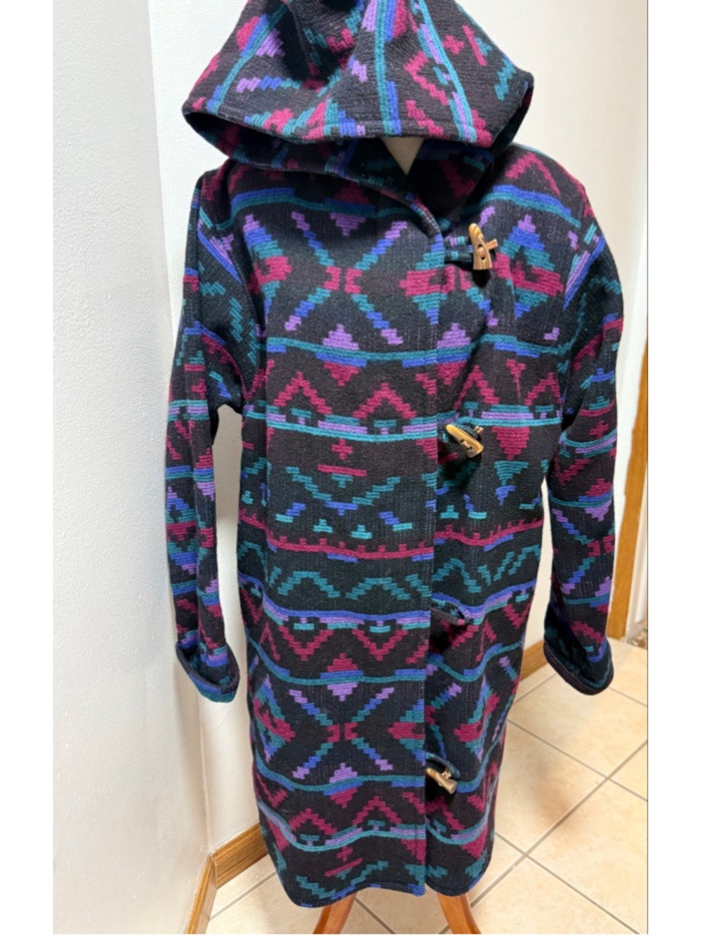 The Woolrich Woman Patterned Hooded Toggle Coat, Size small Black/Purple/hoodie